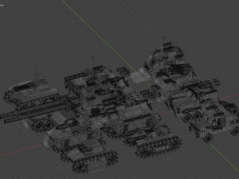 A very large tank and 8 different models of military vehicles consisting in total of 1680 individua 3D Model