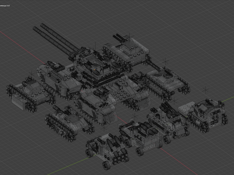 A very large tank and 8 different models of military vehicles consisting in total of 1680 individua Model 3D