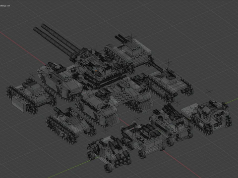 A very large tank and 8 different models of military vehicles consisting in total of 1680 individua 3D Model