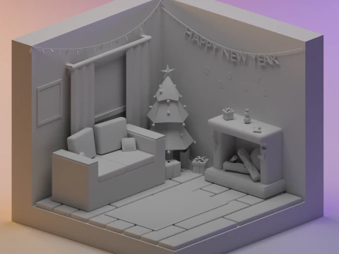 Stylized New Year Interior Scene Description 3D Model