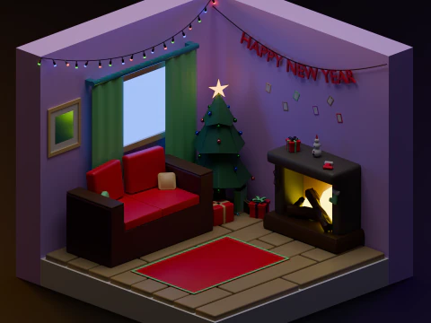 Stylized New Year Interior Scene Description 3D Model