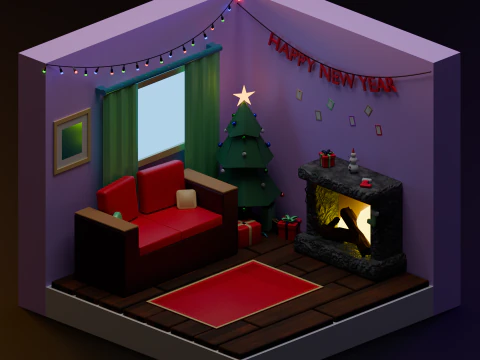 Stylized New Year Interior Scene Description 3D Model