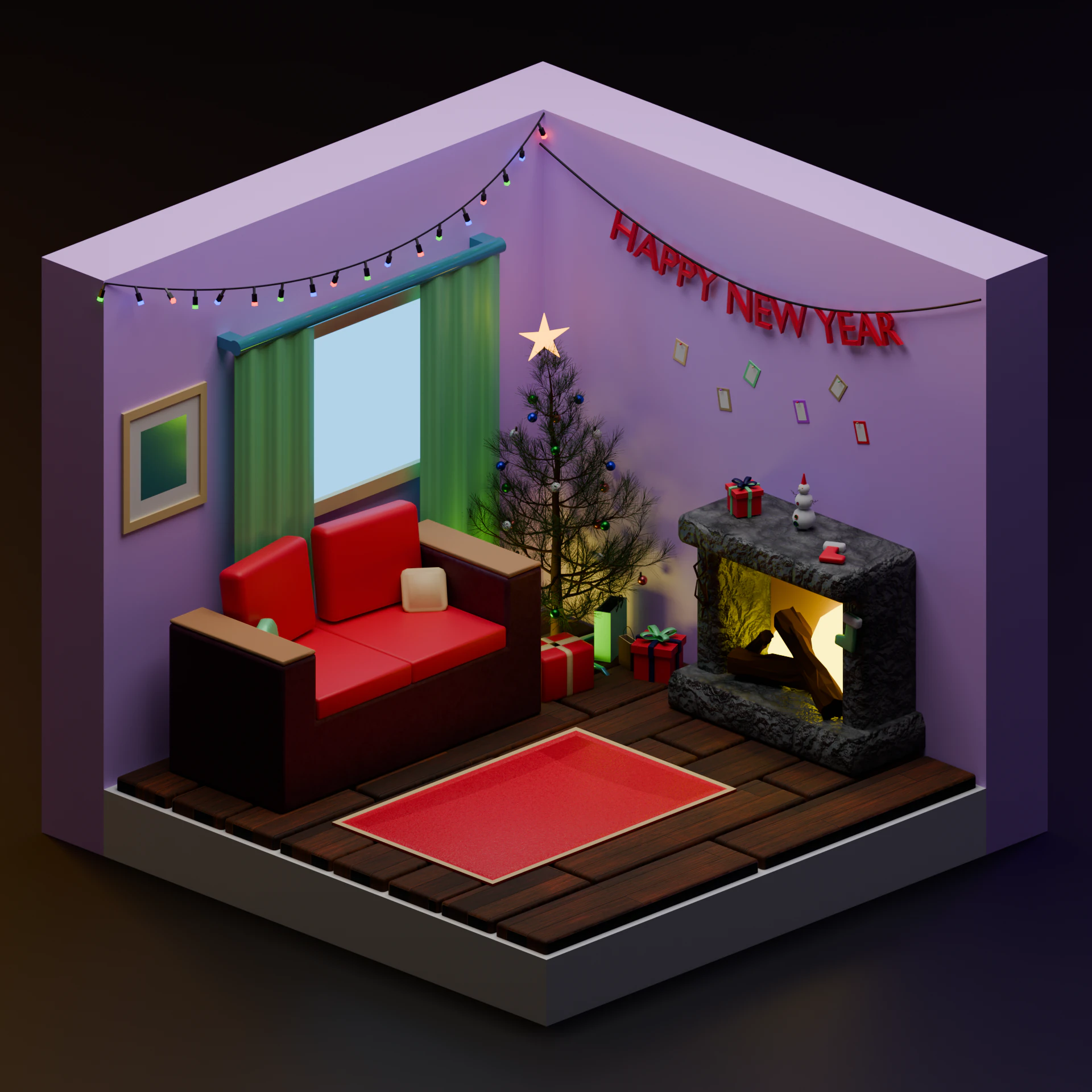 Stylized New Year Interior Scene Description 3D Model .c4d .max .obj .3ds .fbx .stl .blend