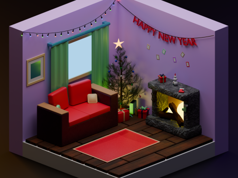 Descri&ccedil;&atilde;o estilizada da cena interior de ano novo Modelo 3D