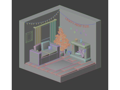 Stylized New Year Interior Scene Description 3D Model
