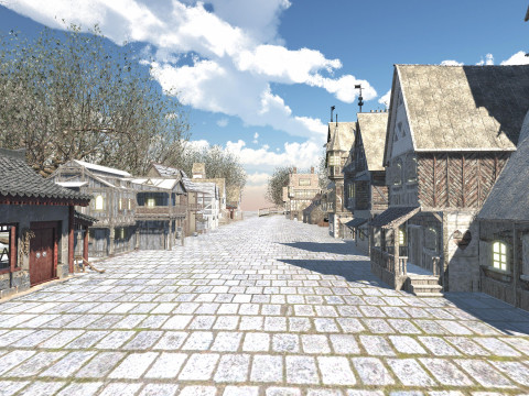 Medieval Winter Street Environment Game-Ready Scene 3D Model