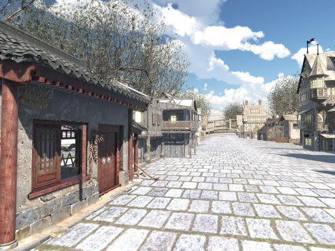 Medieval Winter Street Environment Game-Ready Scene 3D Model