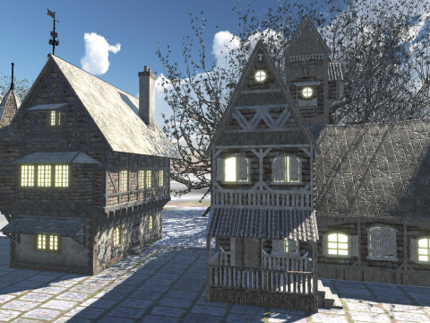 Medieval Winter Street Environment Game-Ready Scene 3D Model