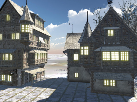 Medieval Winter Street Environment Game-Ready Scene 3D Model
