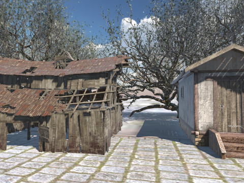 Medieval Winter Street Environment Game-Ready Scene 3D Model