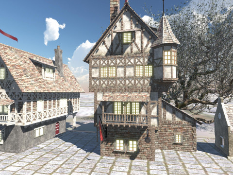 Medieval Winter Street Environment Game-Ready Scene 3D Model