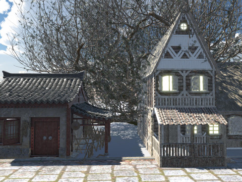 Medieval Winter Street Environment Game-Ready Scene 3D Model