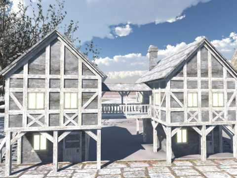 Medieval Winter Street Environment Game-Ready Scene 3D Model