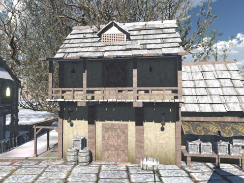 Medieval Winter Street Environment Game-Ready Scene 3D Model