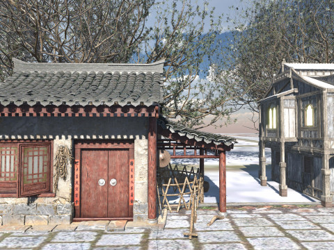 Medieval Winter Street Environment Game-Ready Scene 3D Model