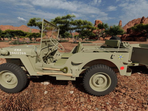 WW2 jeep with trailer 3D Model