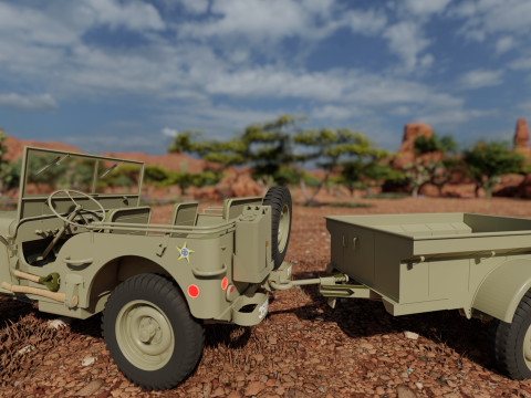 WW2 jeep with trailer 3D Model