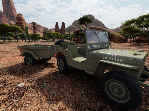 WW2 jeep with trailer 3D Model