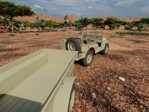 WW2 jeep with trailer 3D Model