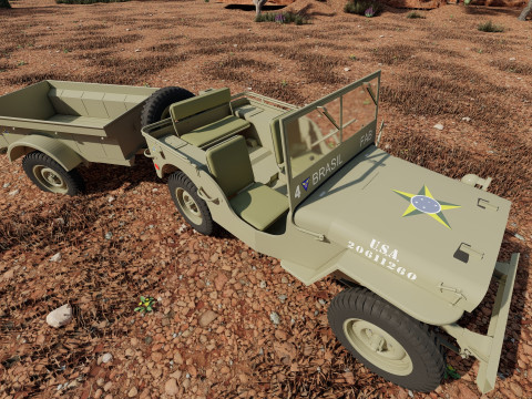 WW2 jeep with trailer 3D Model