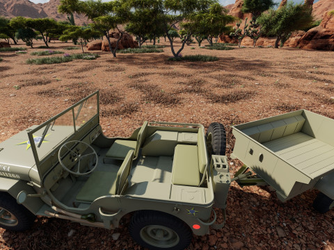 WW2 jeep with trailer 3D Model