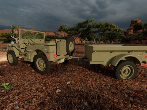 WW2 jeep with trailer 3D Model