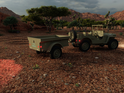 WW2 jeep with trailer 3D Model
