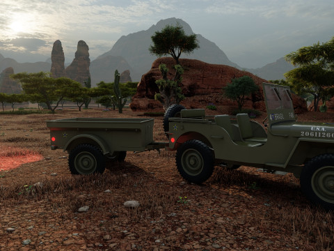 WW2 jeep with trailer 3D Model
