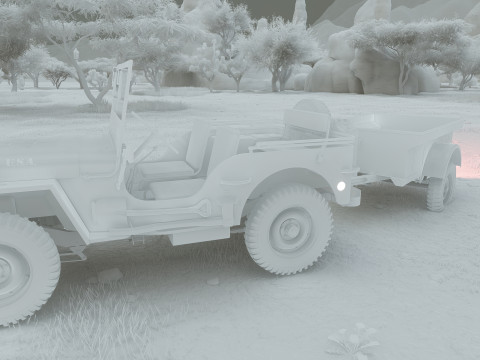 WW2 jeep with trailer 3D Model