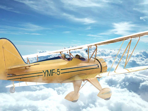 WACO YMF-5 biplane Rigged Yellow PBR 3D Model