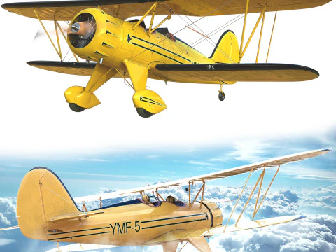 WACO YMF-5 biplane Rigged Yellow PBR 3D Model