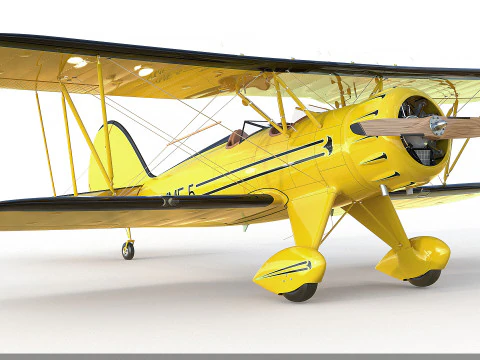 WACO YMF-5 biplane Rigged Yellow PBR 3D Model