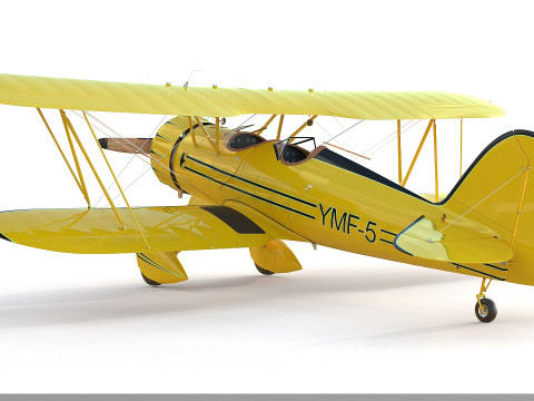 WACO YMF-5 biplane Rigged Yellow PBR 3D 모델