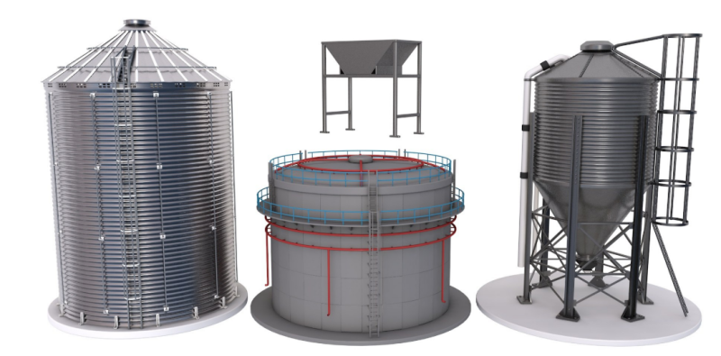 Grain Storage Bins Collection 3Dモデル .c4d .max .obj .3ds .fbx .stl .blend