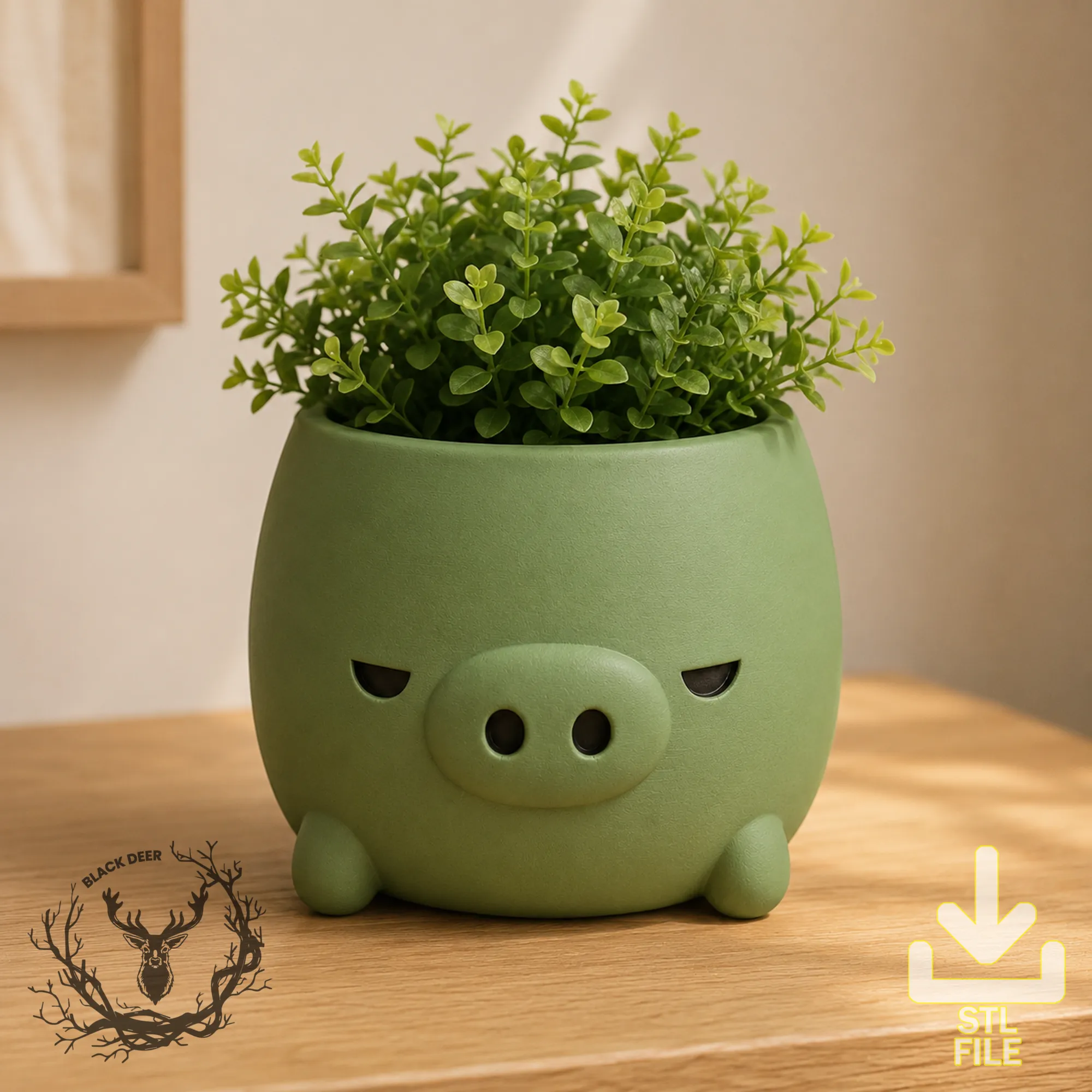Cute Grumpy Green Pig Planter Pot for Succulents Plants AMS Compatible STL File 3D Print Model .c4d .max .obj .3ds .fbx .stl .blend 