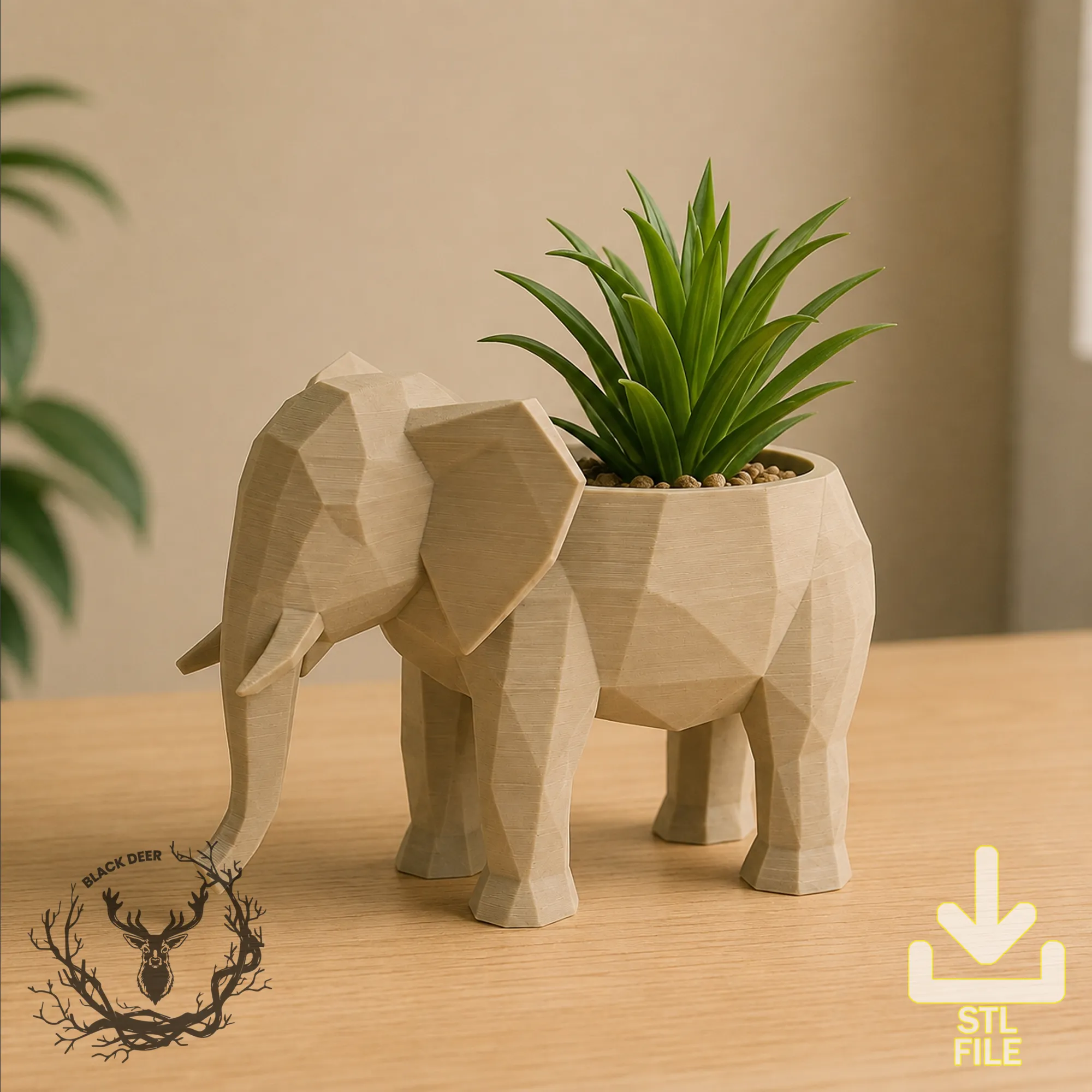 Geometric Low Poly Elephant Planter Pot for Succulents Plants AMS Compatible STL File 3D Print Model .c4d .max .obj .3ds .fbx .stl .blend