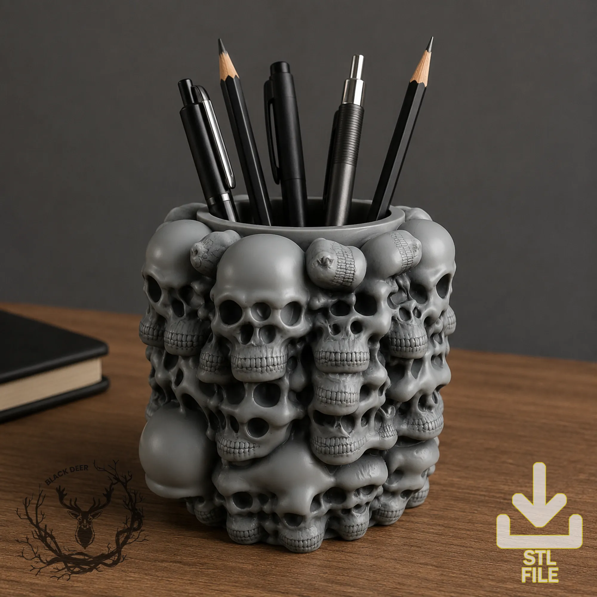 Abstract Skull Pen Holder Pencil Cup Gothic Desk Organizer AMS Compatible STL File 3D Print Model .c4d .max .obj .3ds .fbx .stl .blend 