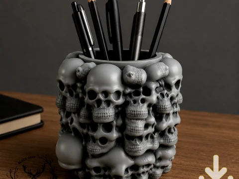 Abstract Skull Pen Holder Pencil Cup Gothic Desk Organizer AMS Compatible STL File 3D Print Model