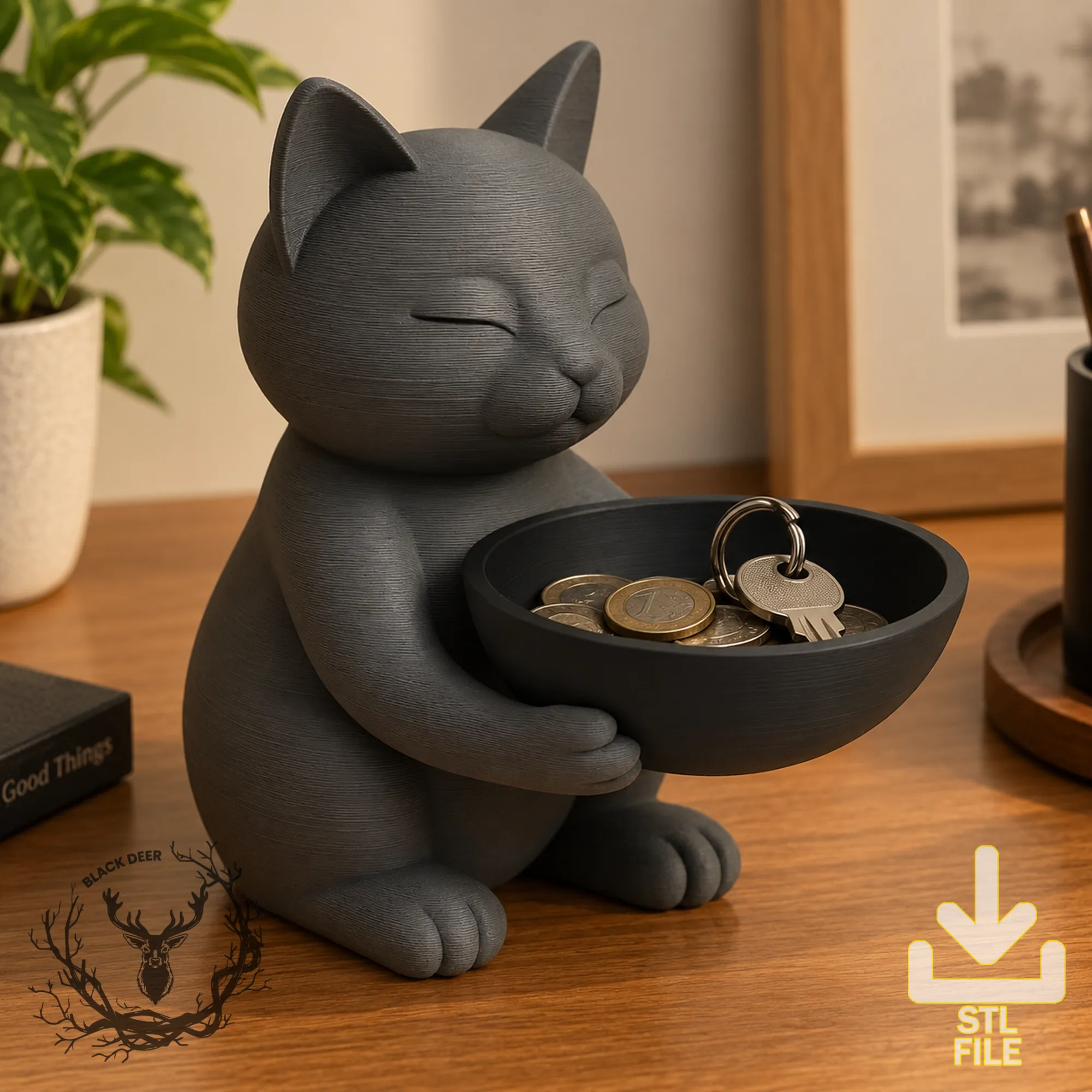 Cute Sitting Cat Catchall Tray Key Bowl AMS Compatible STL File 3D Print Model .c4d .max .obj .3ds .fbx .stl .blend 