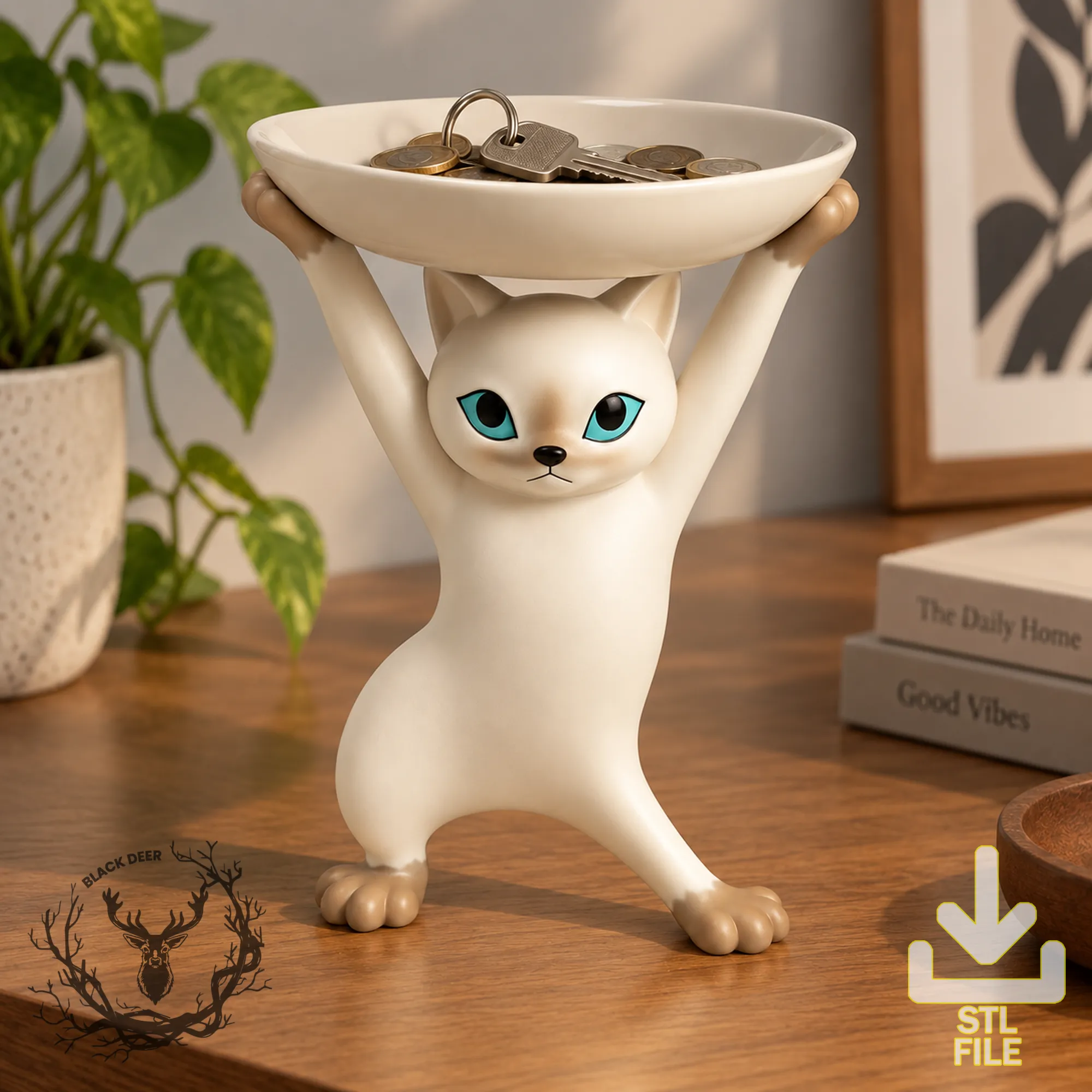 Cute Standing Cat Catchall Tray Key Bowl AMS Compatible STL File 3D Print Model .c4d .max .obj .3ds .fbx .stl .blend 