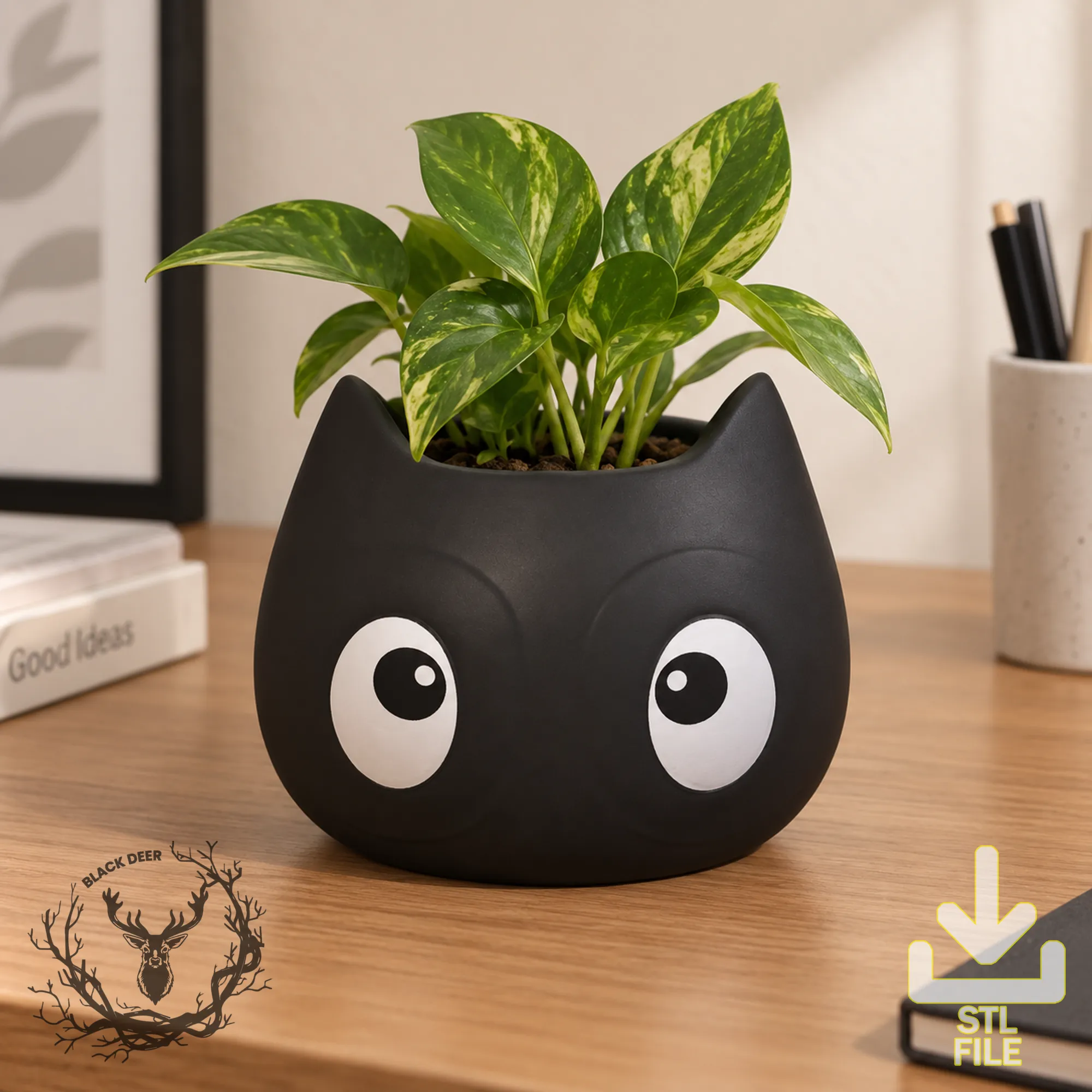 Cute Kawaii Black Cat Planter Pot Pen Holder AMS Compatible STL File 3D Print Model .c4d .max .obj .3ds .fbx .stl .blend 