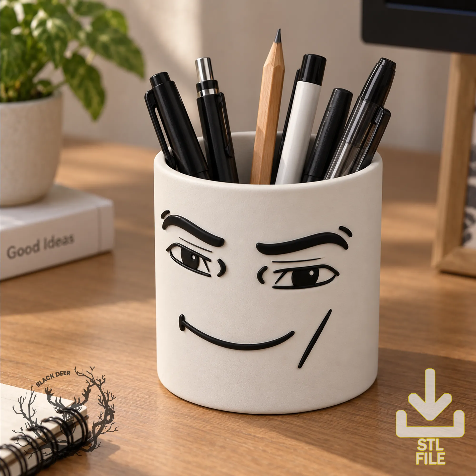 Funny Smug Gamer Face Pen Holder Pencil Cup AMS Compatible STL File 3D Print Model .c4d .max .obj .3ds .fbx .stl .blend 