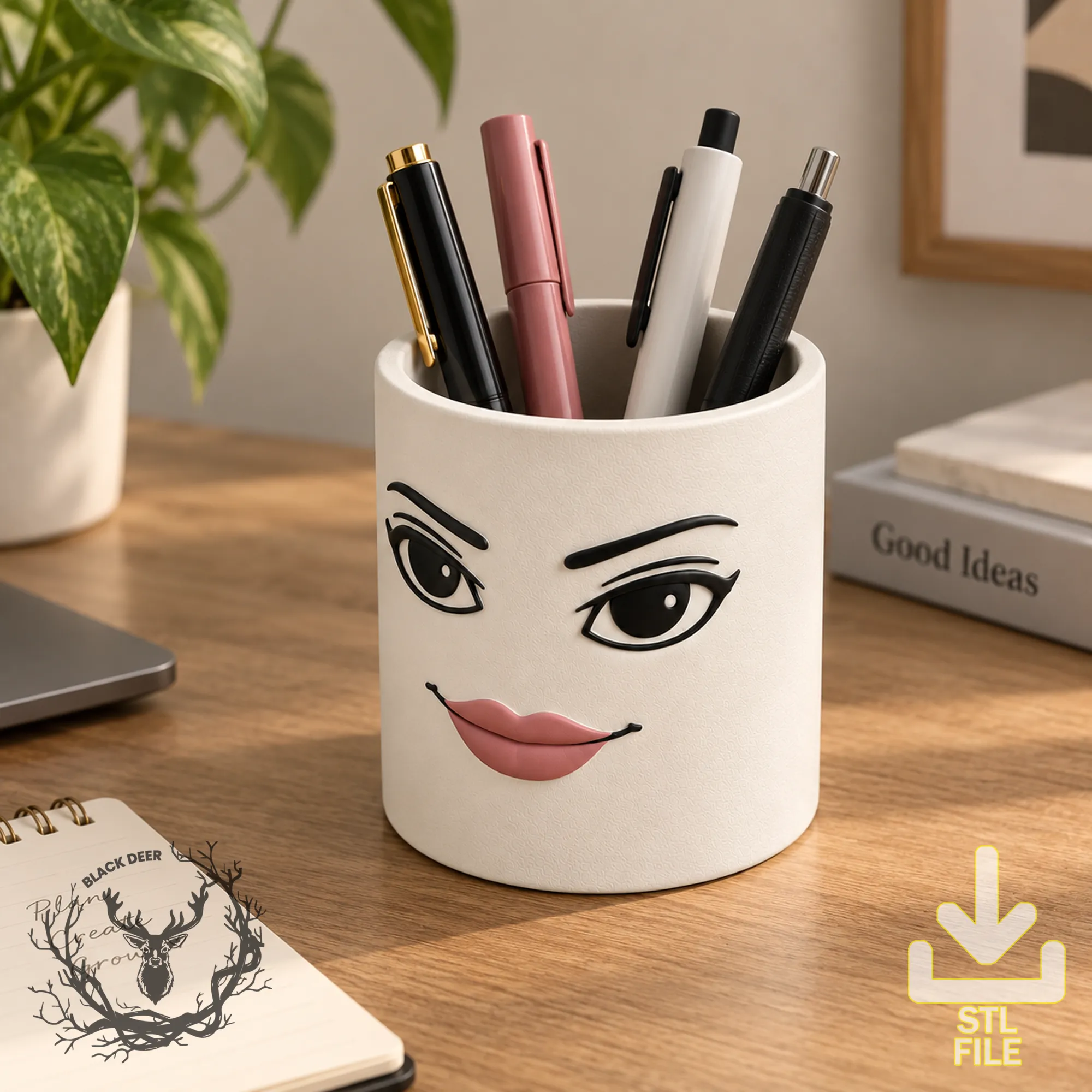 Funny Glamorous Gamer Face Pen Holder Pencil Cup AMS Compatible STL File 3D Print Model .c4d .max .obj .3ds .fbx .stl .blend 