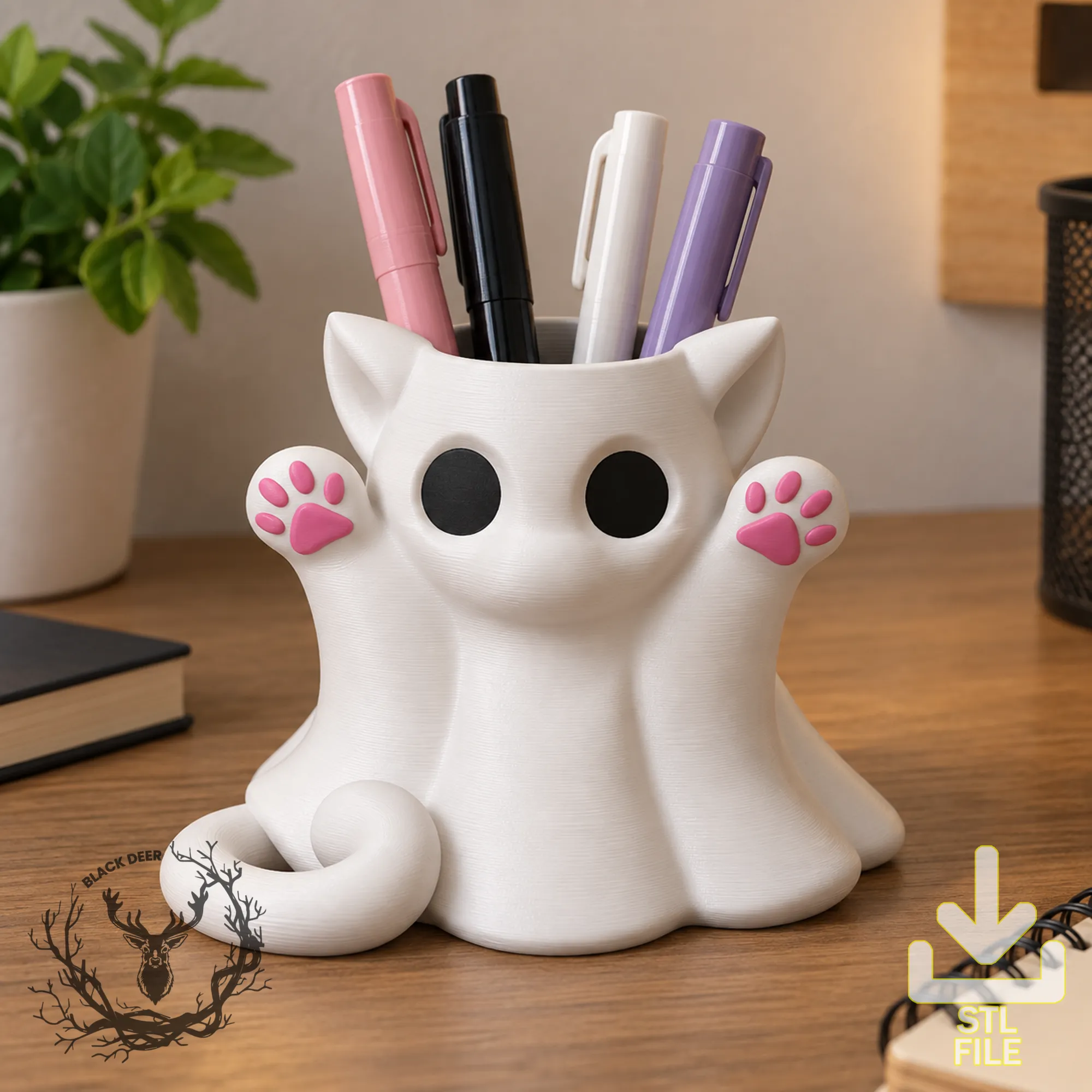 Cute Kawaii Ghost Cat Pen Holder Pencil Cup Spooky Halloween Decor AMS Compatible STL File 3D Print Model .c4d .max .obj .3ds .fbx .stl .blend 
