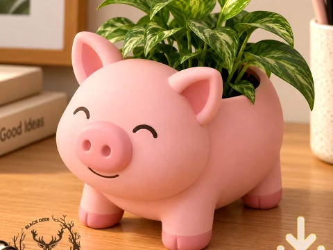 Cute Standing Kawaii Pig Planter Pot for Succulents Plants AMS Compatible STL File 3D Print Model