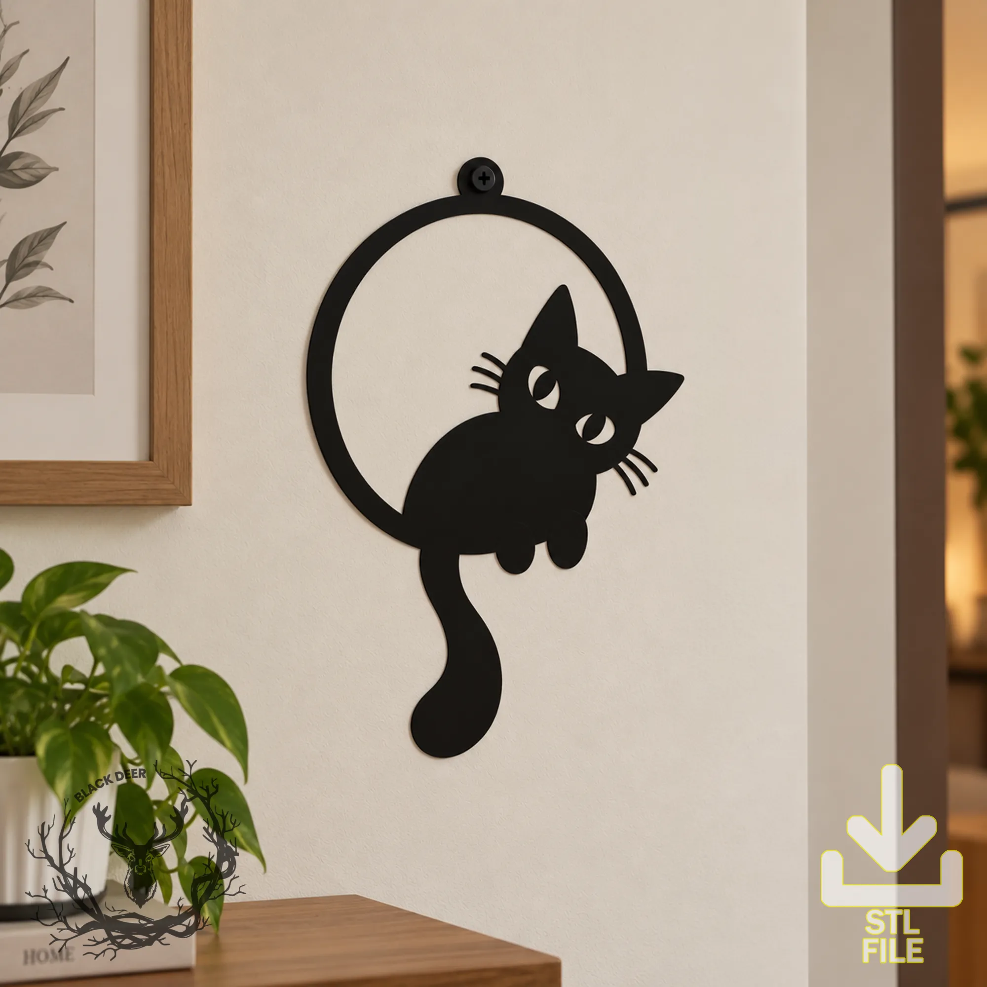 Cute Black Cat on Hoop Wall Art Wall Hanging Decor AMS Compatible STL File 3D Print Model .c4d .max .obj .3ds .fbx .stl .blend 