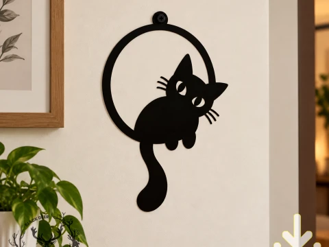 Cute Black Cat on Hoop Wall Art Wall Hanging Decor AMS Compatible STL File 3D Print Model