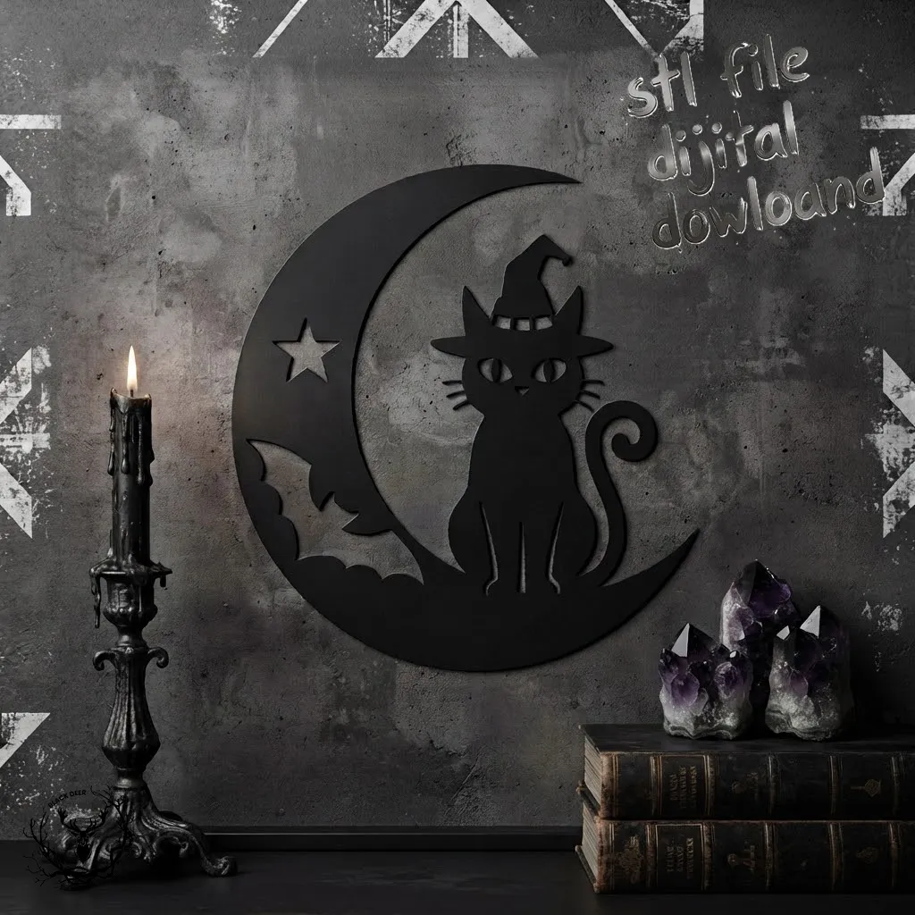 Witch Cat Crescent Moon Wall Decor - Gothic Bat Star Hanging 3D Print Model STL 3D Print Model .c4d .max .obj .3ds .fbx .stl .blend 