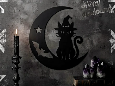 Witch Cat Crescent Moon Wall Decor - Gothic Bat Star Hanging 3D Print Model STL 3D Print Model