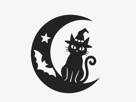 Witch Cat Crescent Moon Wall Decor - Gothic Bat Star Hanging 3D Print Model STL 3D Print Model
